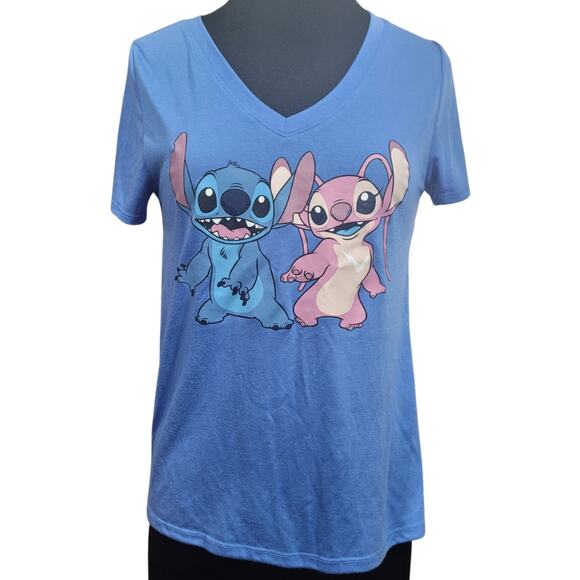 Disney Stitch and Angel Blue V Neck Tee Size Small - Picture 1 of 4